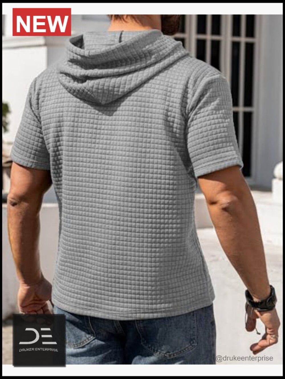 Short Sleeve Hoodie with Kanga Pocket Waffle Knit Pullover - Picture 5 of 6